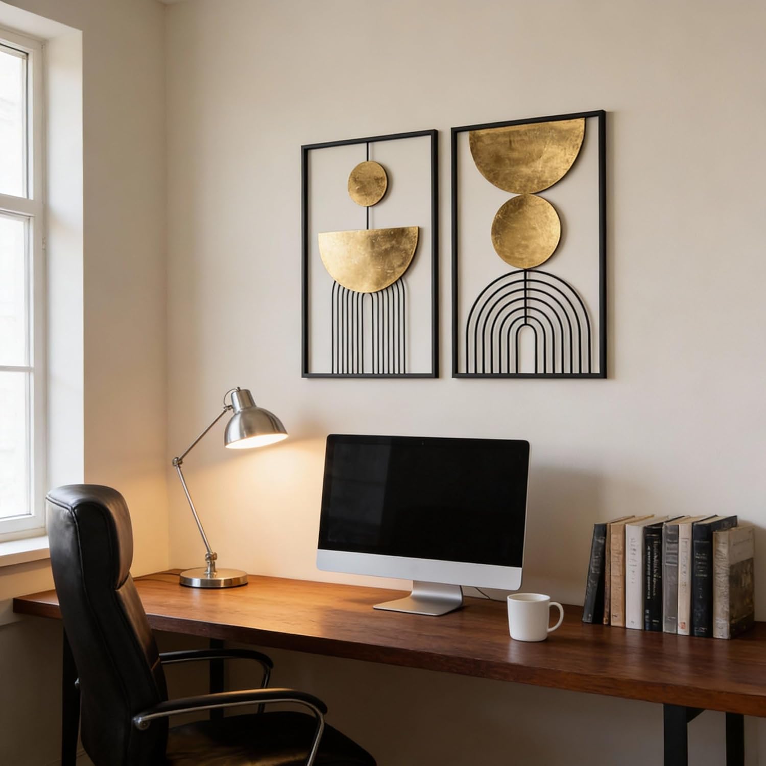 Abstract Geometric Wall Decor Set, Gold and Black Metal Wall Art with Circular and Linear Designs, 2 Piece Framed Modern Wall Sculpture
