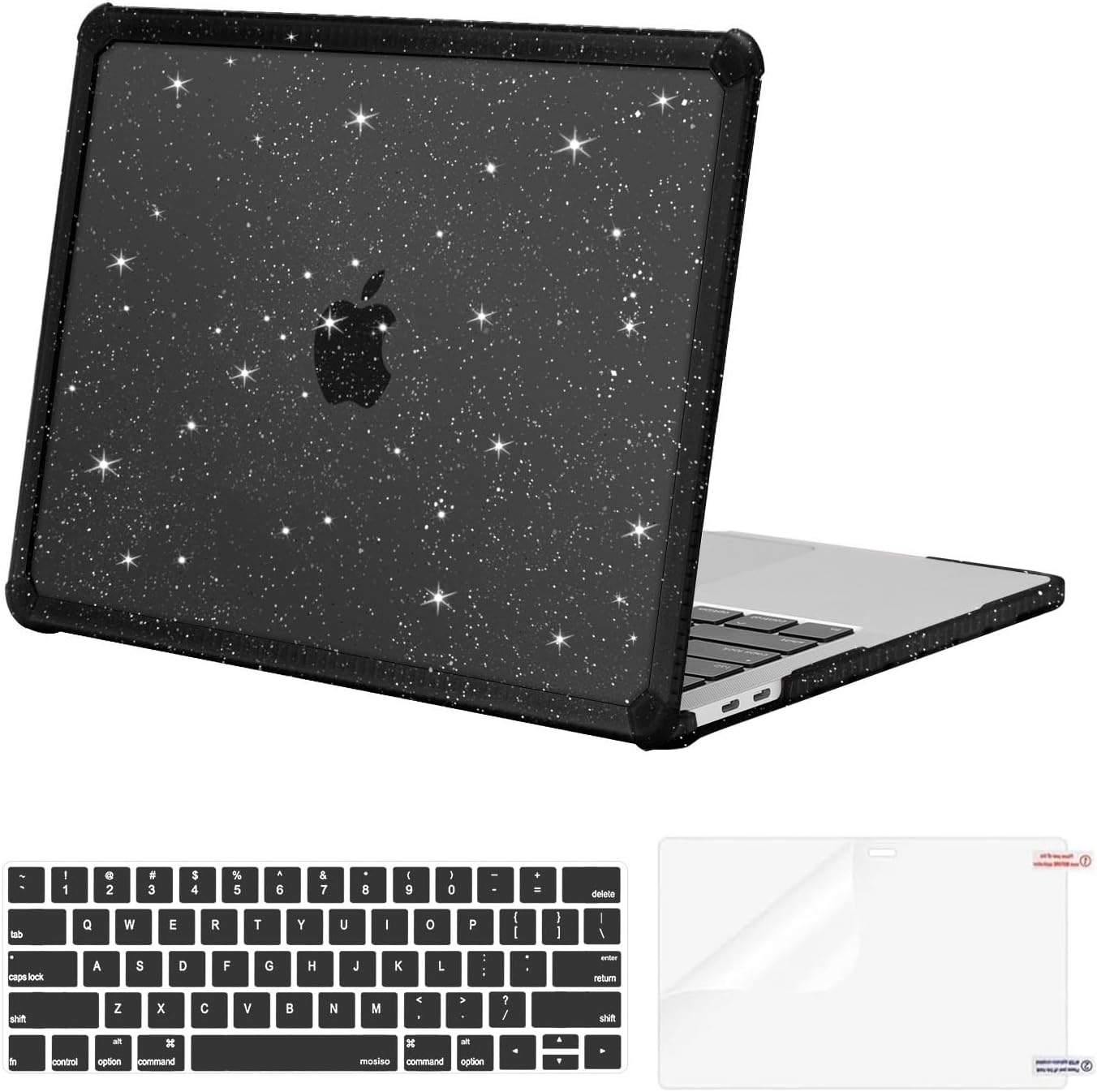 MOSISO Compatible with MacBook Pro 13 inch Case M2 2026-2016 A2338 M1 A2251 A2289 A2159 A1989 A1708 A1706, Heavy Duty Glitter Hard Case with TPU Bumper &Keyboard Cover&Screen Film, Black