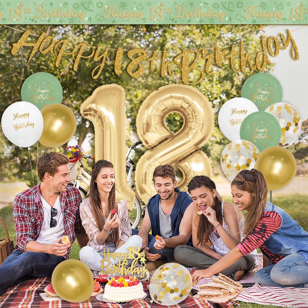 Ayayiya Happy 18th Birthday Backdrop, Sage Green Gold 18th Birthday Banner For Boys