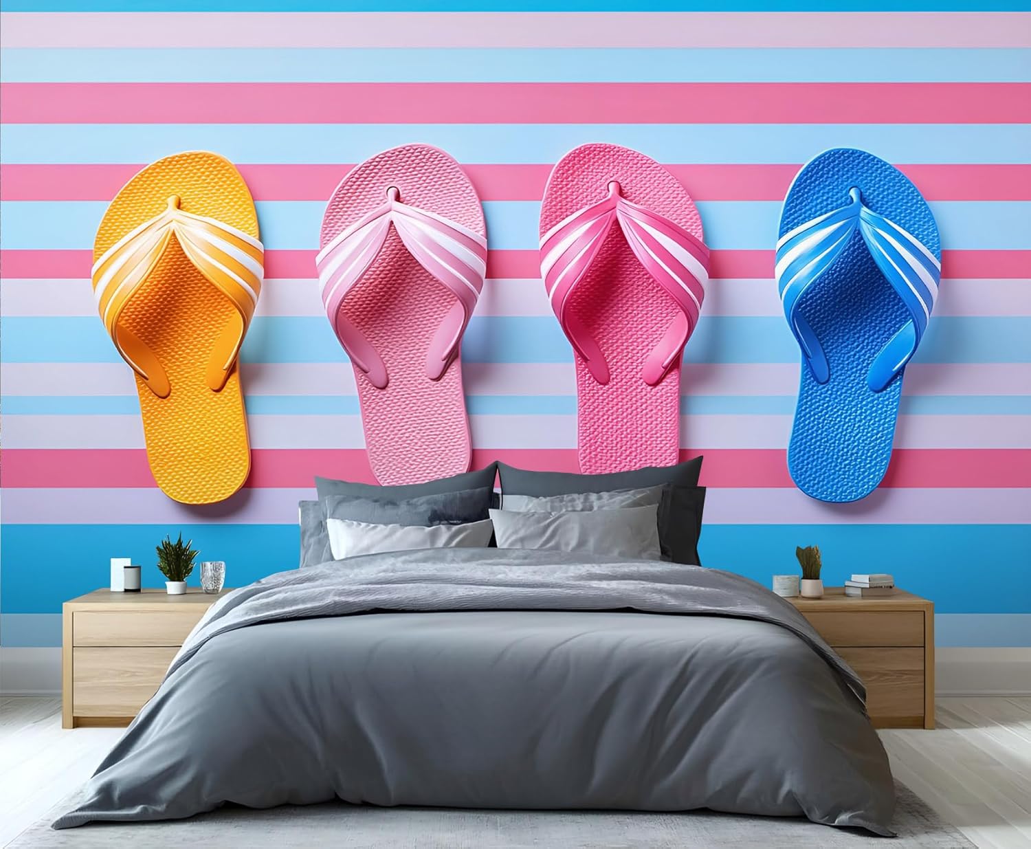 Summer Wallpaper & Home Decor, Flip-Flops Mural Wallpaper for Bedroom, Tropical Landscape Wallpapers for Living Room, 3D Pattern Printed Murals (Not Peel and Stick)