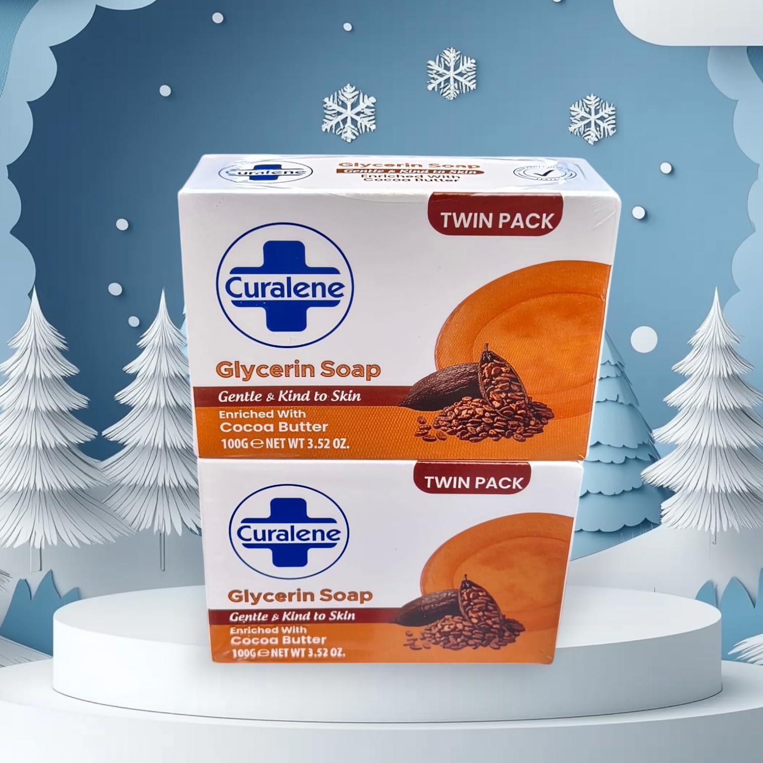Curalene Glycerin Soap Twin Pack, 100g Each (3.52 oz) - Gentle & Kind to Skin, Enriched with Cocoa Butter for Soft Moisturized Skin