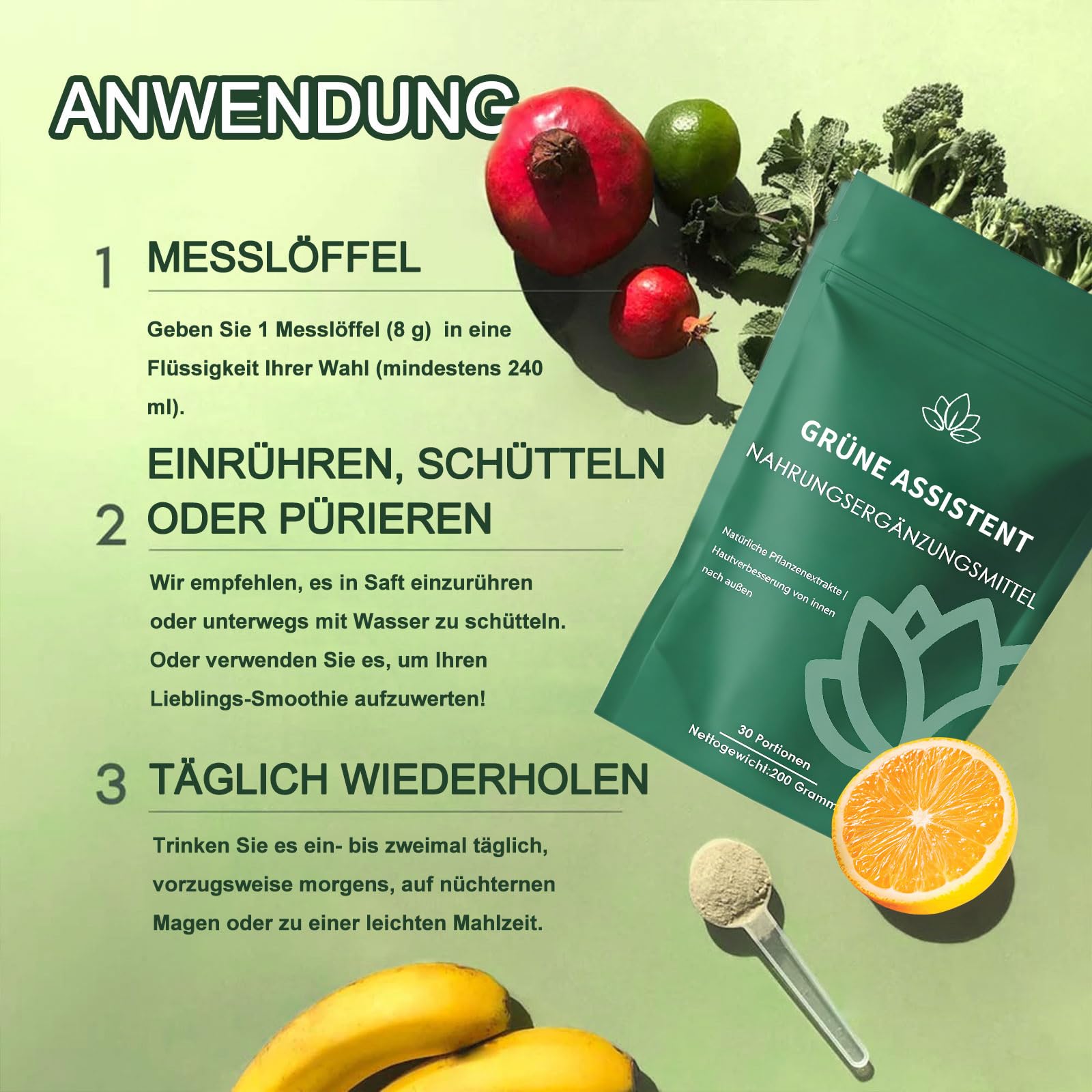 2 Pack Grünes Superfood Pulver 200g, Grüne Entgiftungspulver, Natürliches Pflanzenpulver mit Matcha, Spirulina, Gerstengras & Heidelbeeren, Für Energie & Stoffwechsel (Grüne*2)