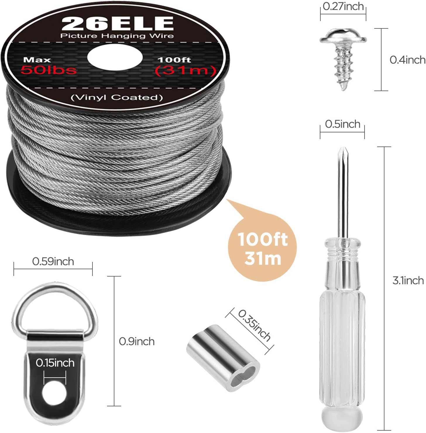 Picture Hanging Kit, Including Picture Hanging Wire(100 feet) Supports Up to 50lbs, D Ring Picture Hangers and Screws(20pcs Each), 20Pcs Aluminum Crimping Sleeves and 1 Screwdriver