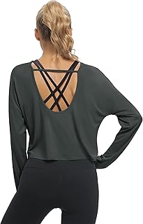 Mippo Long Sleeve Workout Crop Tops for Women Open Back Worktout Shirts Crop Top Tee Shirt