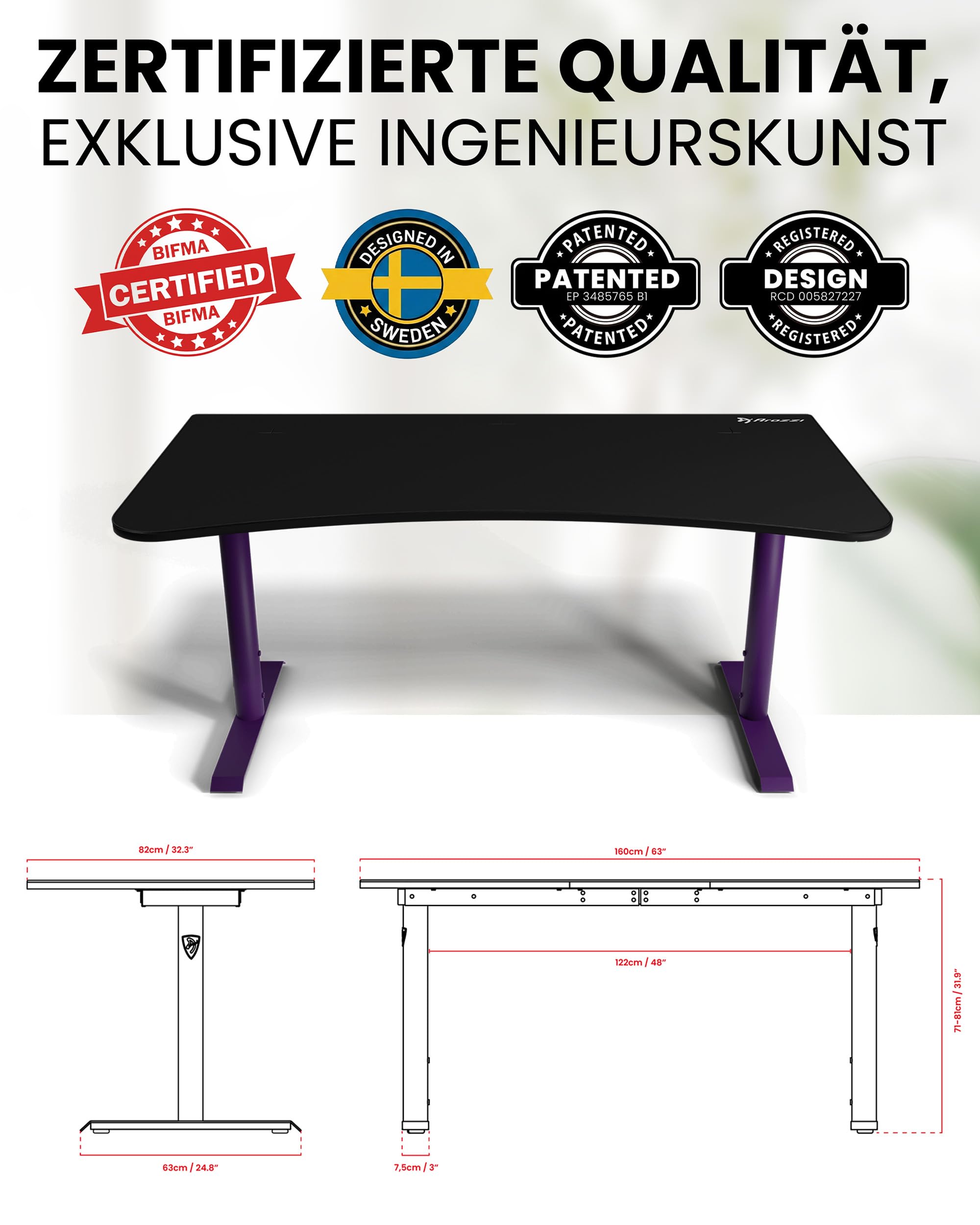 Arozzi Arena Gaming Table - Groß 160 x 82 cm - Hochstellbar - Mit Microfaser-Mauspad und Kabelverwaltung - Dettaglio