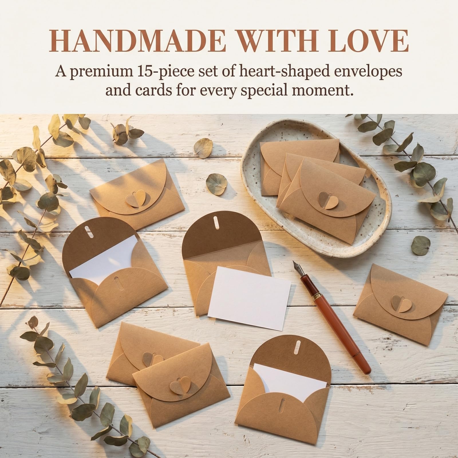 Buste Kraft Mini Con Chiusura Cuore e Cartoncini Bianchi Vintage Per Biglietti Regalo Feste Natale Compleanno