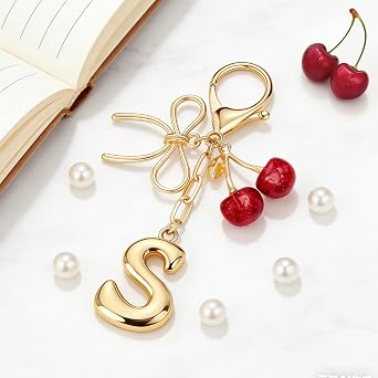 Initial Keychain Letter Bag Charms for Women, With Bow and Cherry Cute Purse Handbag Accessories (Red Cherry and Initial A)