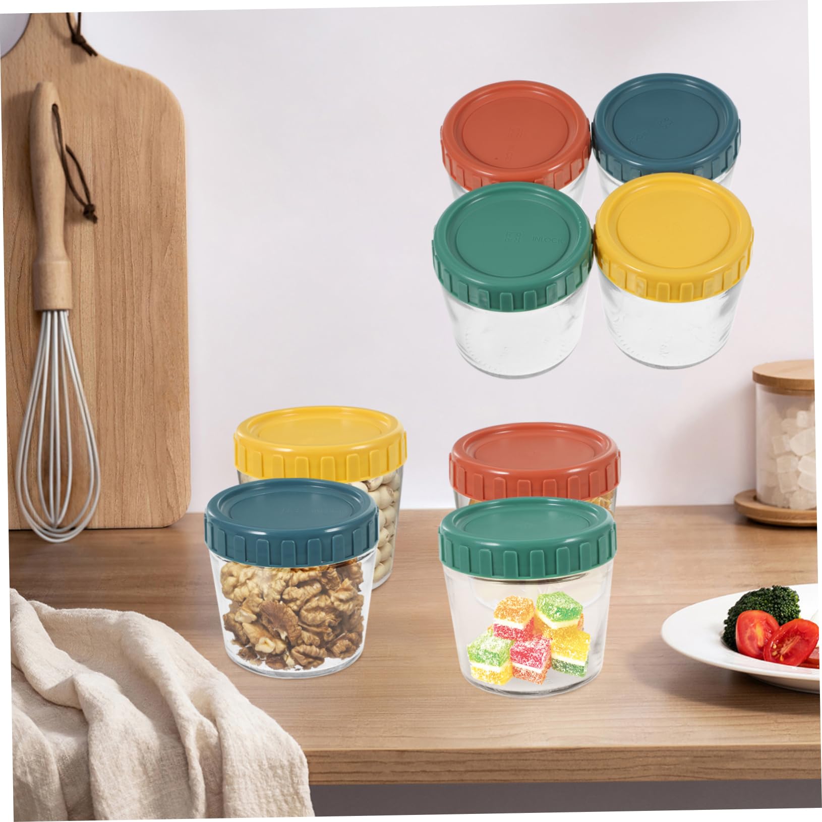 Mobestech Set de 4 Frascos de Vidrio Tapa de Silicona Sellada, Contenedores para Almacenar Alimentos Pequeños, Diseño Apilable y Fácil Acceso para Cocina y Yogur