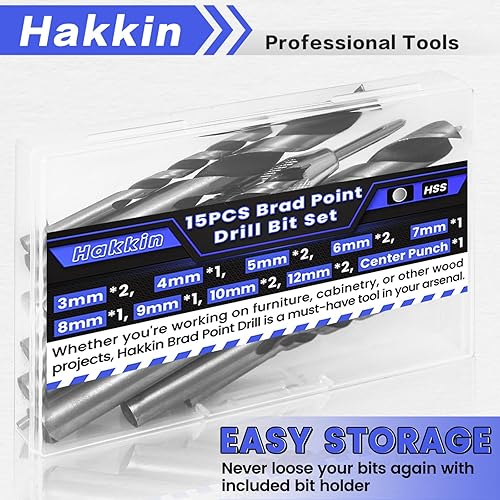 Miniatura 7 de Juego de 14 brocas de madera de punta brad con punzón central, 3456789100.472 in con vástago redondo recto en espiral con diseño de doble flauta