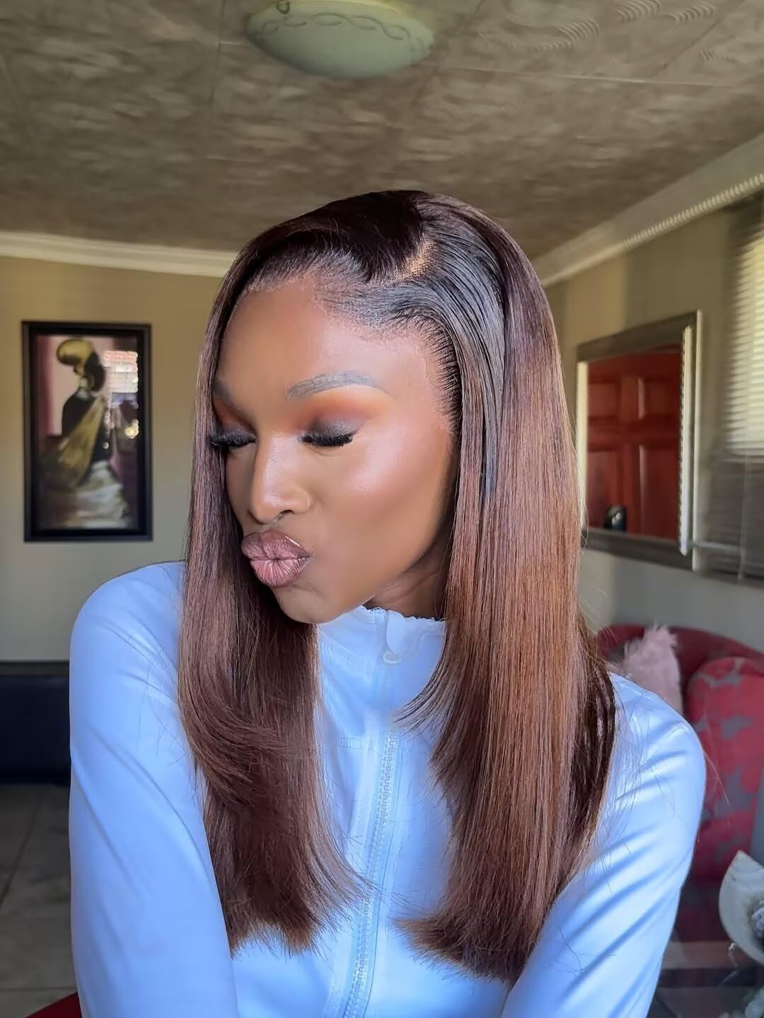 Layered Cut Straight Human Hair Lace Front Wig #1B/30 Ombre Color M Shaped Logos Hairline Real Skinlike HD 13X4 Full Lace Frontal Wig Ombre Brown Brazilian Remy Hair Wigs Bleached Knots 18Inch