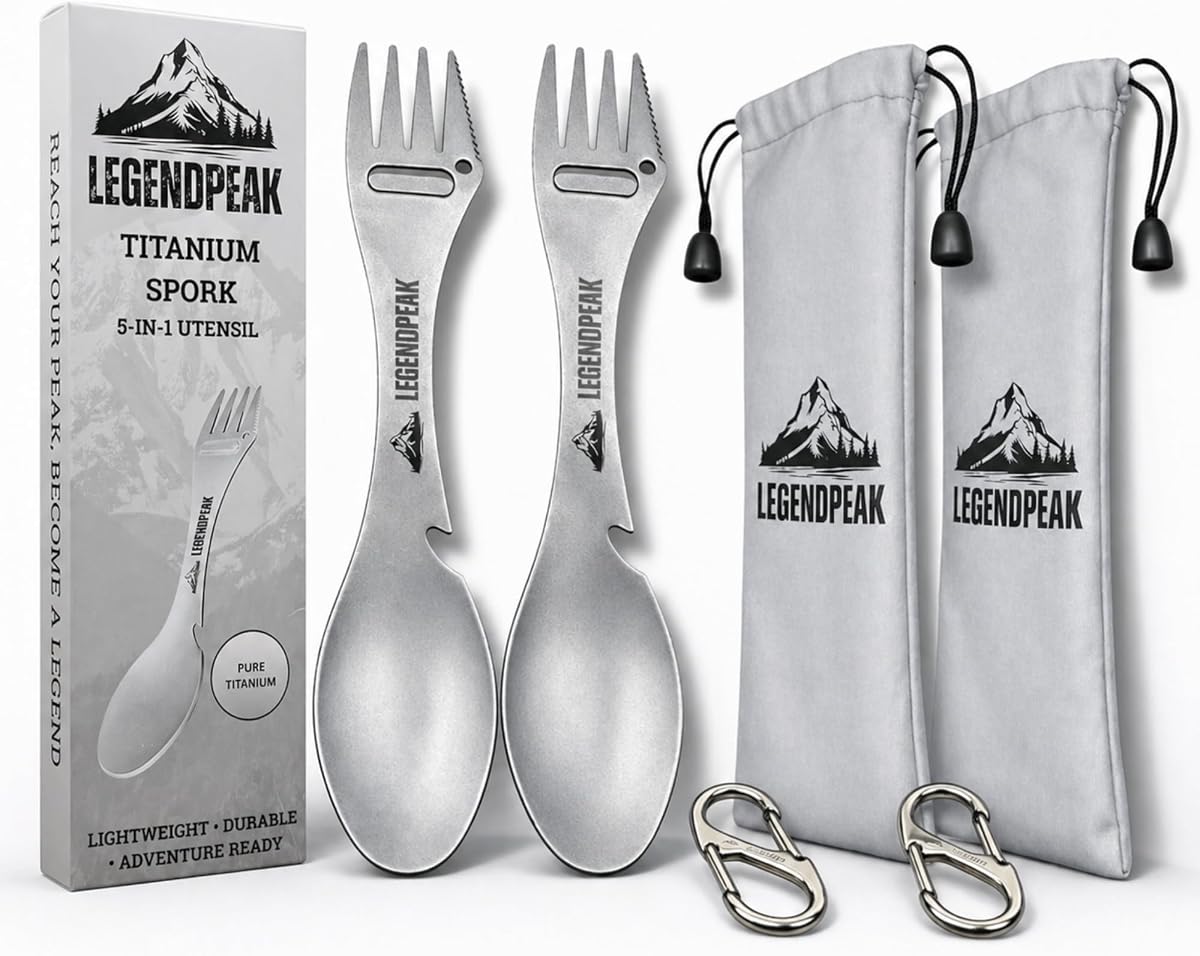 Titanium Spork Juego de utensilios de camping 5 en 1, paquete de 2: cubiertos ultraligeros para mochileros con cuchillo, abridor de botellas y pelador, incluye bolsas de viaje individuales y mosquetones