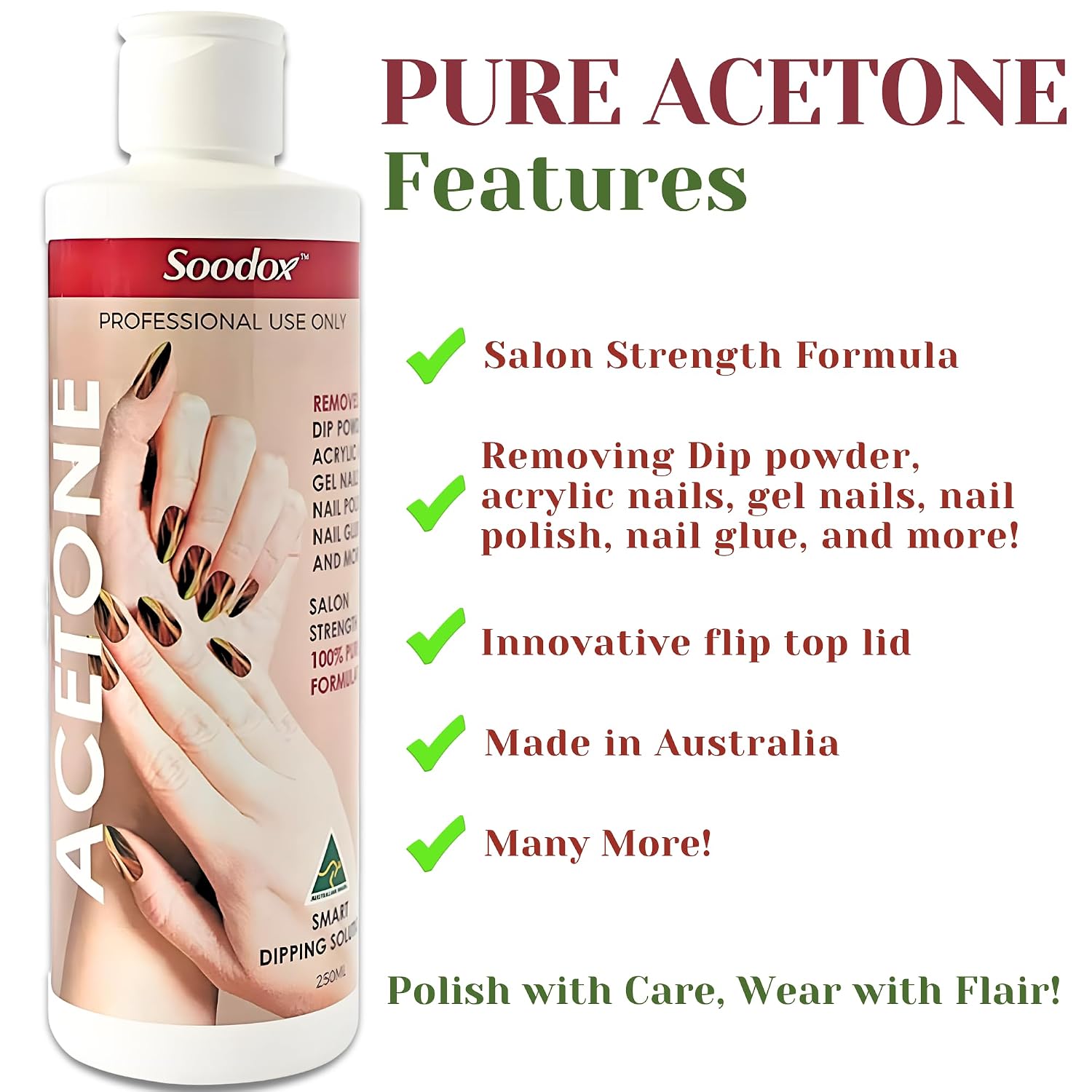 Soodox 100% Pure Acetone Gel Acrylic Nail Polish Soak Off Remover 250mL | One Bottle So Many Uses!