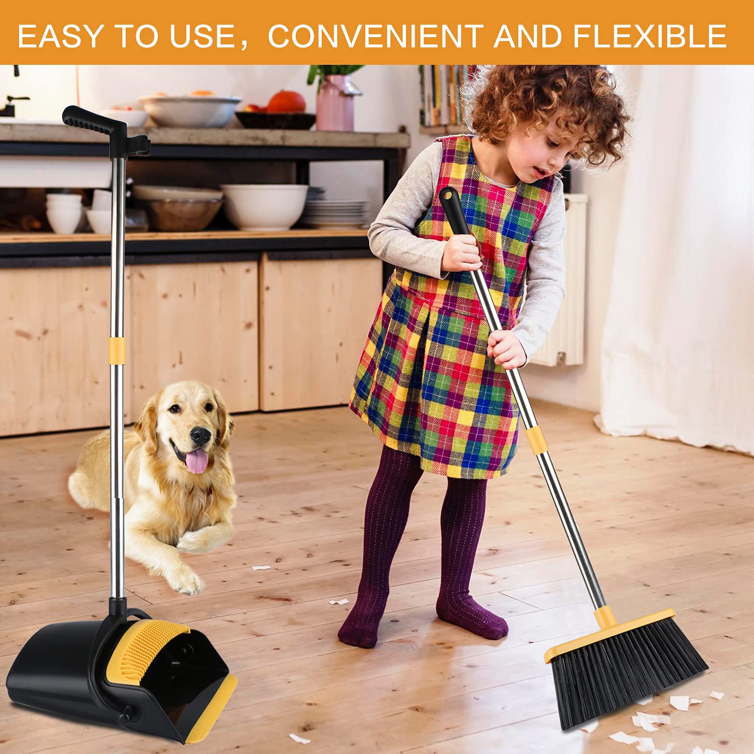 Broom and Dustpan Set for Home, Tiumso Dust Pan and Broom Comb, Broom
