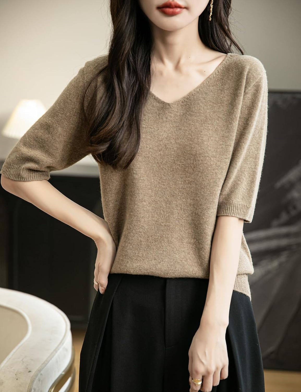 Chanyarn Women's V-Neck 100% Merino Wool Spring Fall Winter First-Line Ready to Wear Seamless Knit Shirt Short Sleeve Sweater - Image 5