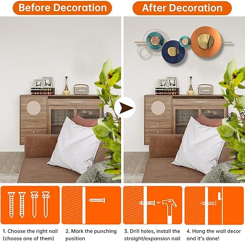 Miniatura 7 de Arte de pared abstracto redondo geométrico de metal, círculo naranja moderno, grande, esculturas de pared colgantes para sala de estar, dormitorio y