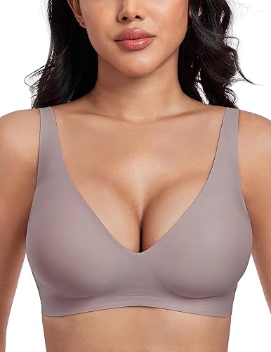 Uroagous Deep V Bras for Women No Underwire Seamless Bralettes for Women Wireless Plunge T Shirt Bra with Extender - Medium - Jam Grey