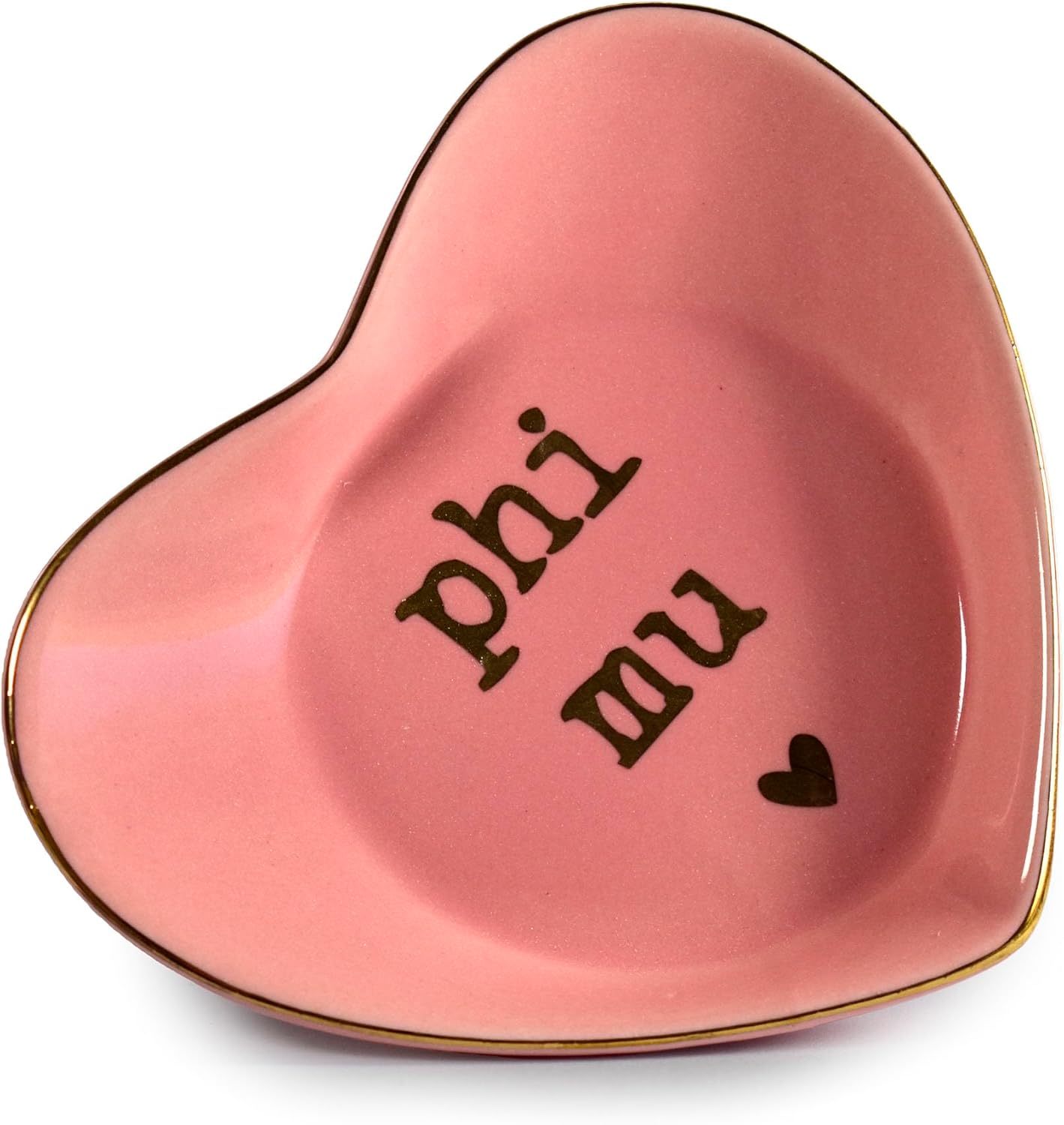 Sorority Shop Phi Mu Jewelry Dish - Heart-Shaped High-gloss finish Ceramic tray with Gold Detailing, Multi-Function Ceramic Ring Dish for Home or Office, Ideal for Jewelry and Keys