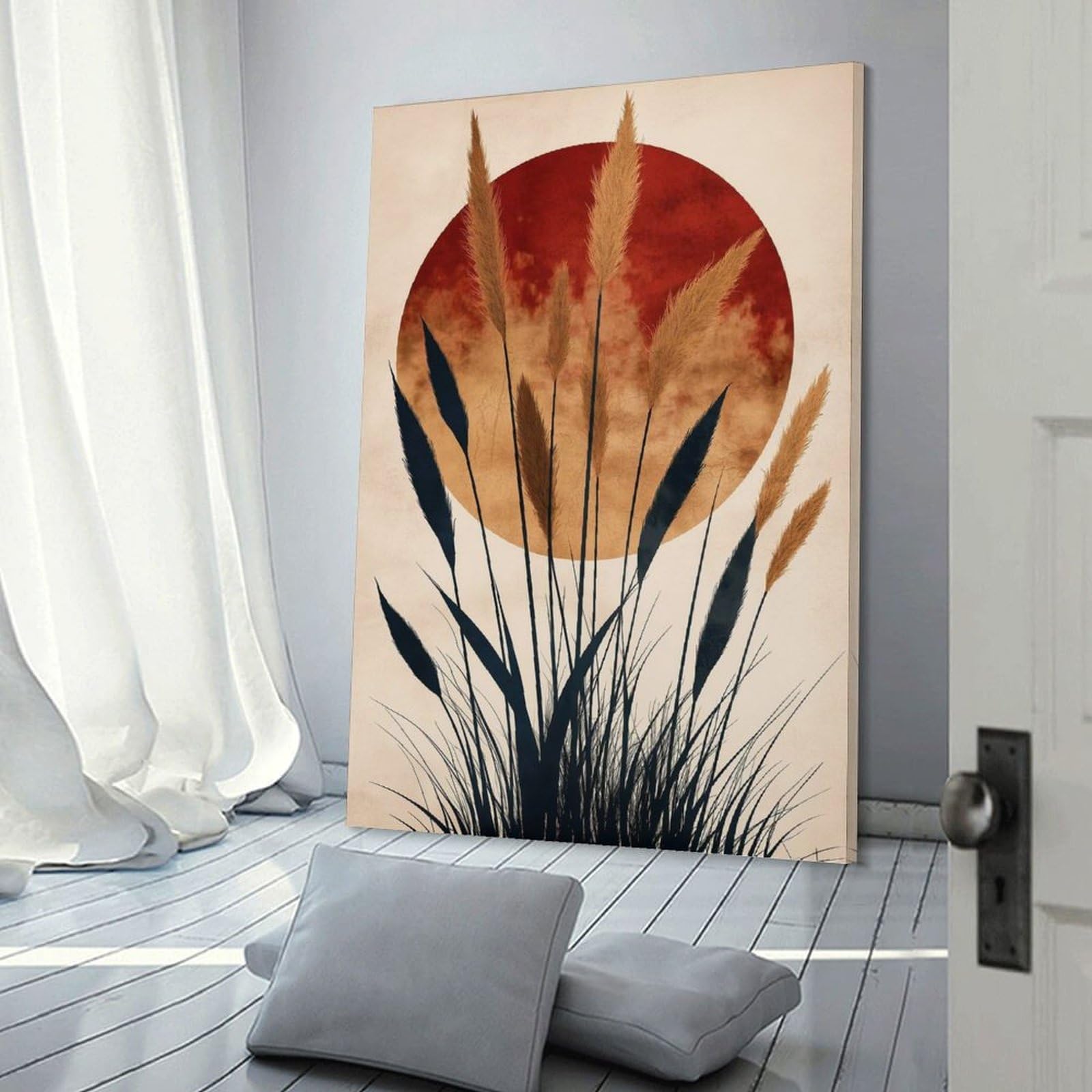 Junmoney Silhouette Grass And Sun Canvas Wall Art, 20x30inch(50x75cm), for Living Room, Bedroom, Office Or Hallway, Versatile Wall Decor for Many Rooms