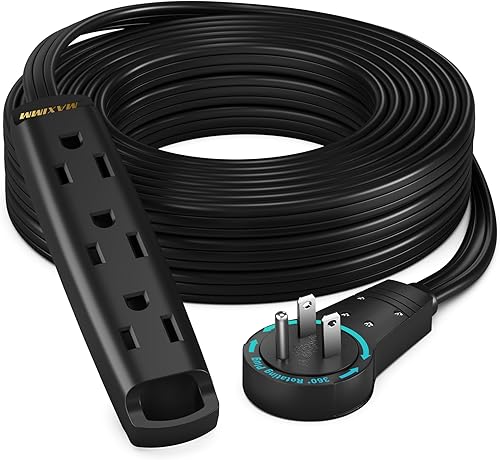 Miniatura 10 de Maximm Cable de extensión plano giratorio de 360 grados, cable de alimentación de 3 salidas múltiples de 1 pie con bucle, conexión a tierra 16 AWG