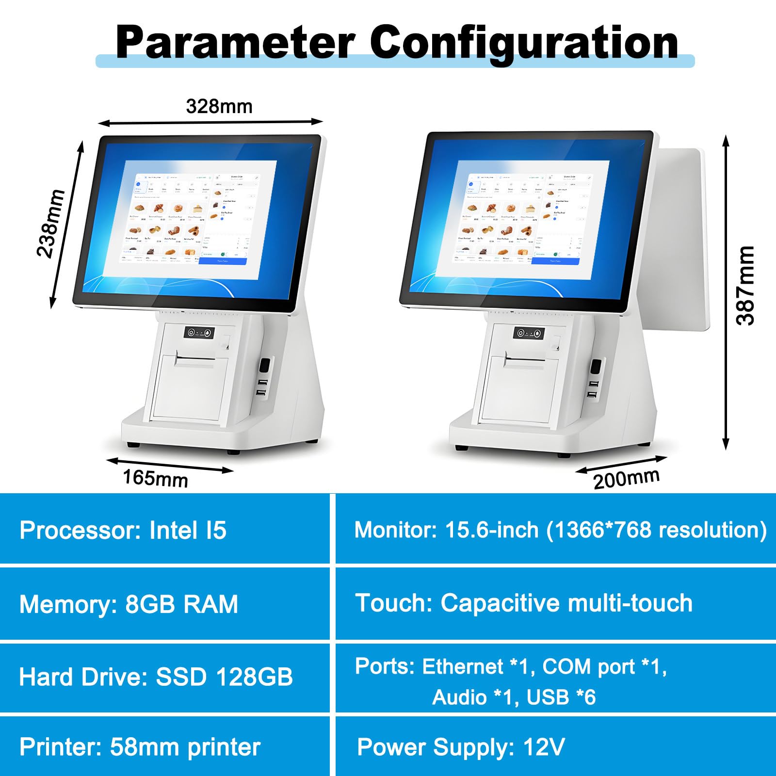Terminal TPV con Pantalla táctil 15,6 Pulgadas para Caja registradora, cajero para supermercados, CPU I5, 8 GB de RAM, SSD de 128 GB, para Comercio minorista, Catering Single-Screen