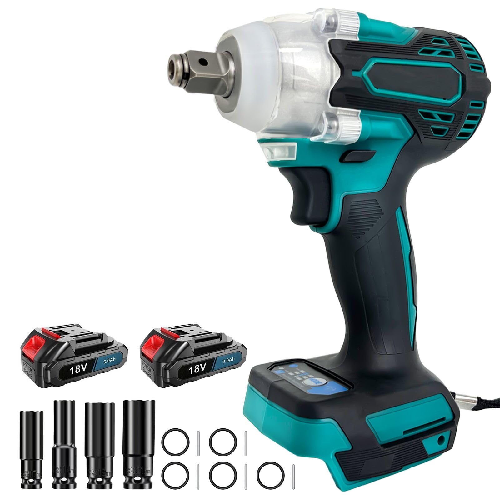Cordless Impact Wrench Driver, Compatible with Makita 18V Battery, 1/2 inch Impact Gun, 420Nm, with 14/17/19/22mm Sockets & 2pcs 3.0Ah Batteries, for Car Tires, DIY Manufacturing Repair