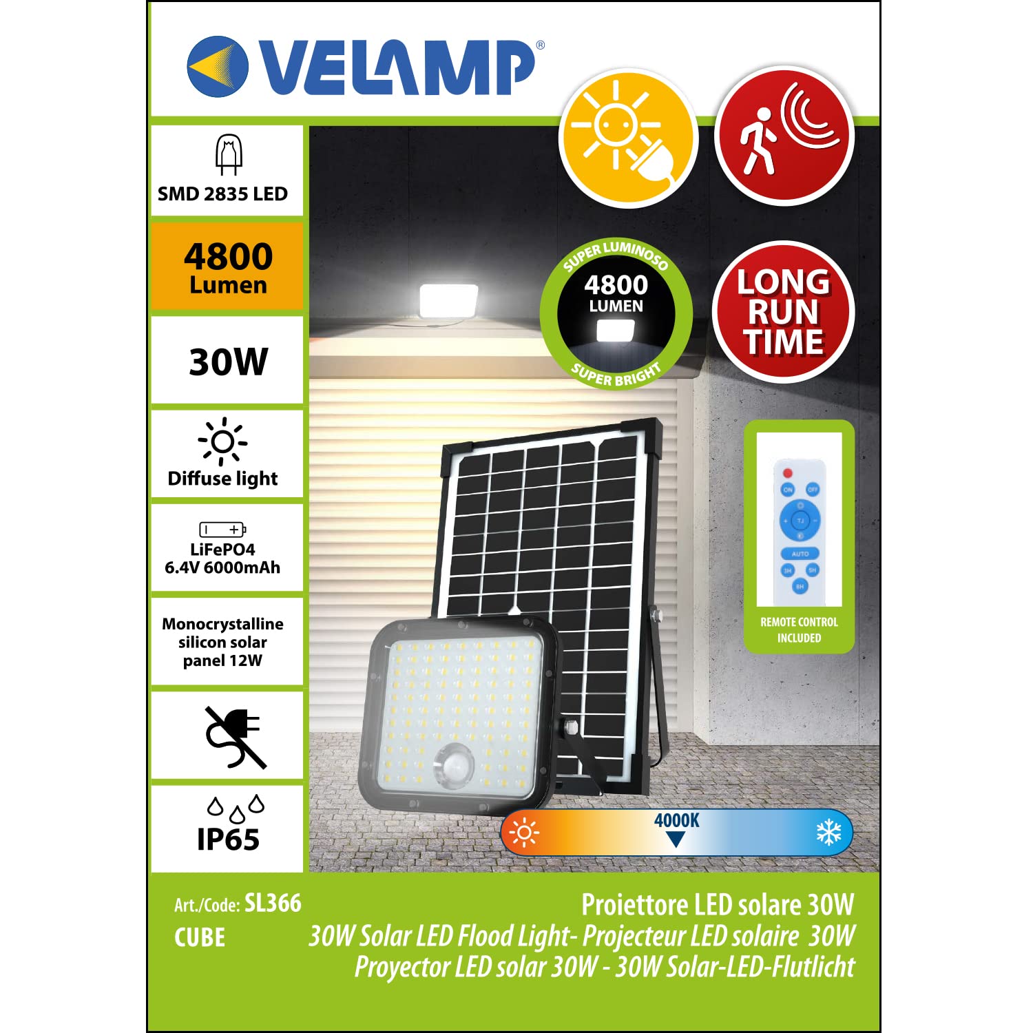 VELAMP Cube Faretto LED Solare 4800 lm – Sensore Movimento, Pannello Remoto con Cavo 5 m, IP65, Installazione su Muro/Palo, Luce Esterna per Giardino, Viale, Sicurezza