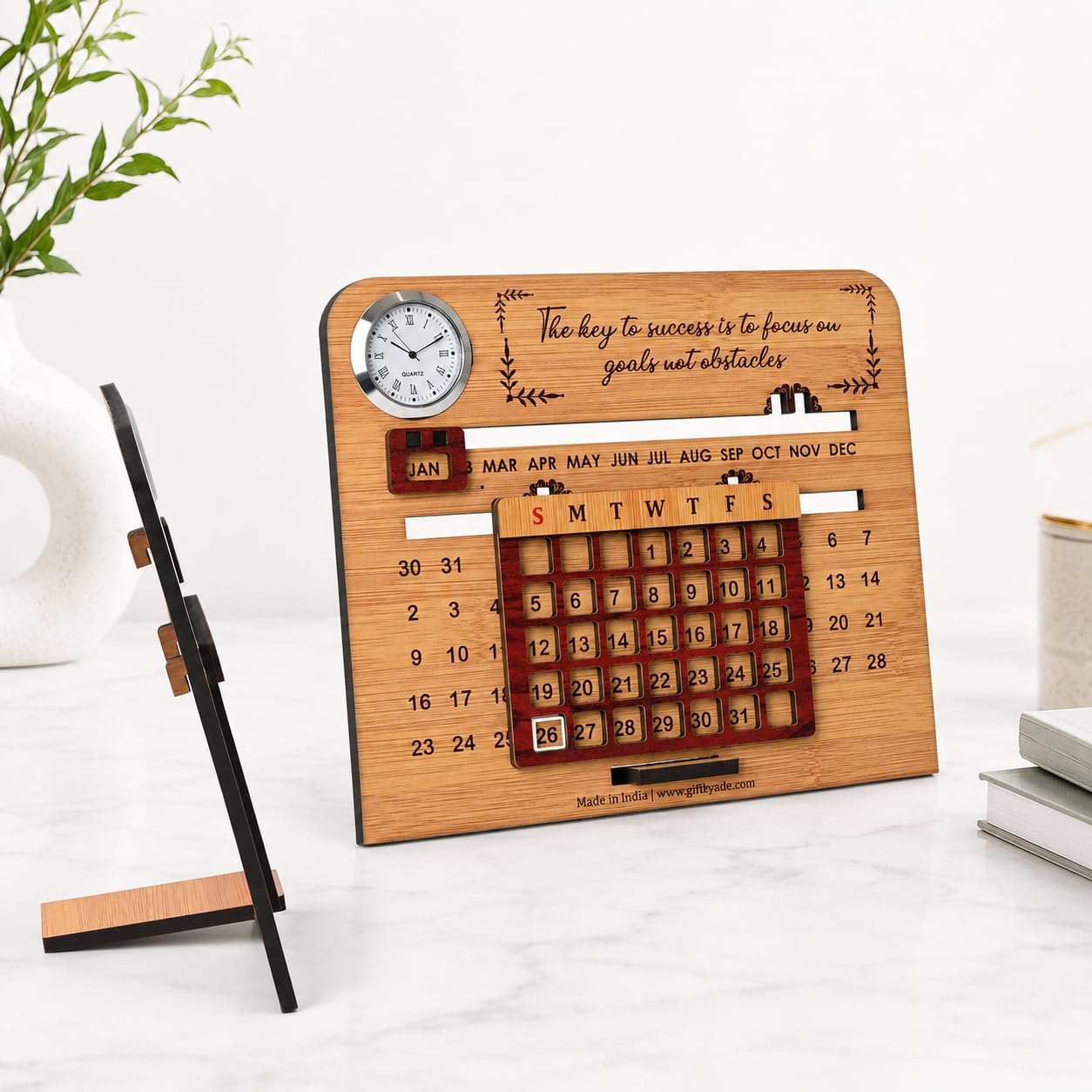 GKD Wooden Lifetime Desk Calendar with Clock | Slide Calendar for Home & Office | Reusable Perpetual Calendar 2025-2026 with Date Highlighter, Quote & Stand | Motivational Quote (Key - Clock)-image-43