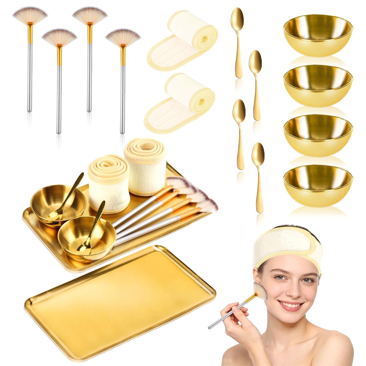 15 PCS Gold Esthetician Supplies 4 Face Mask Fan Brush Applicator 4 Stainless Steel Facial Mixing Bowls Esthetician Tray Gold 4 Small Cosmetic Scoop 2 Makeup Hair Wrap Headband for Spas Salon Women