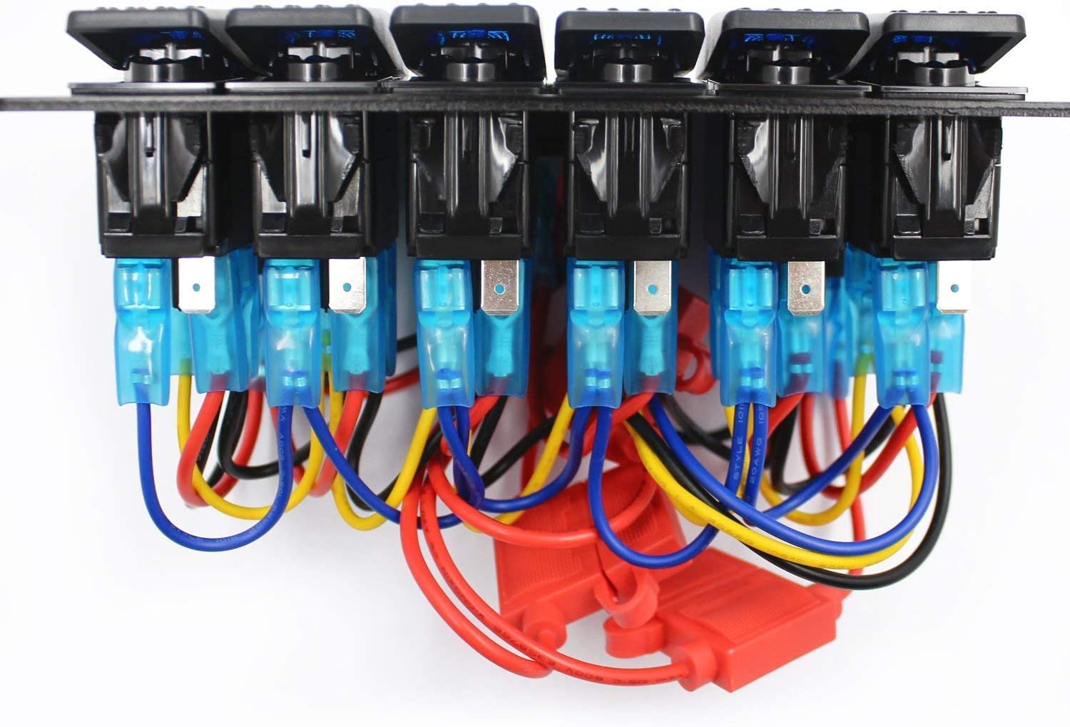 Panel de interruptor basculante para barco impermeable con pantalla de voltaje digital, puertos USB duales, fusible y luz LED para coche, camión, caravana, vehículos, yate(6 bandas, azul)