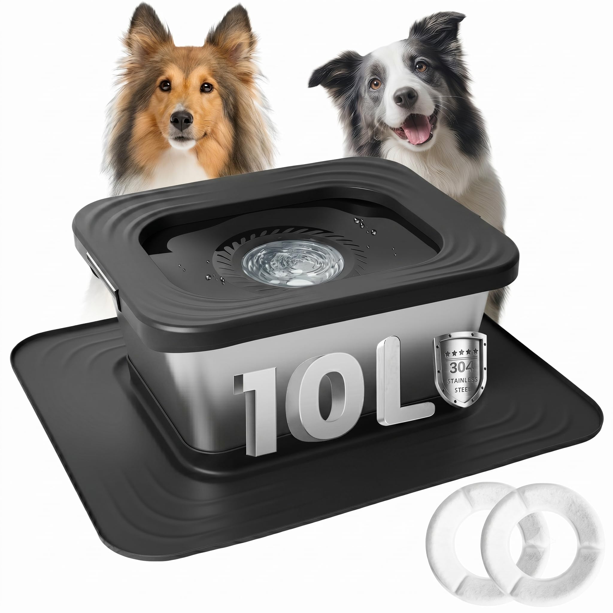 Bostar 10L Stainless Steel Leakproof Dog Drinker with XXL Silicone Mat, Non-Slip Slow Bowl with Integrated Sealed Floating Dish/Replacement Filter for Medium to Large Dog (Black)