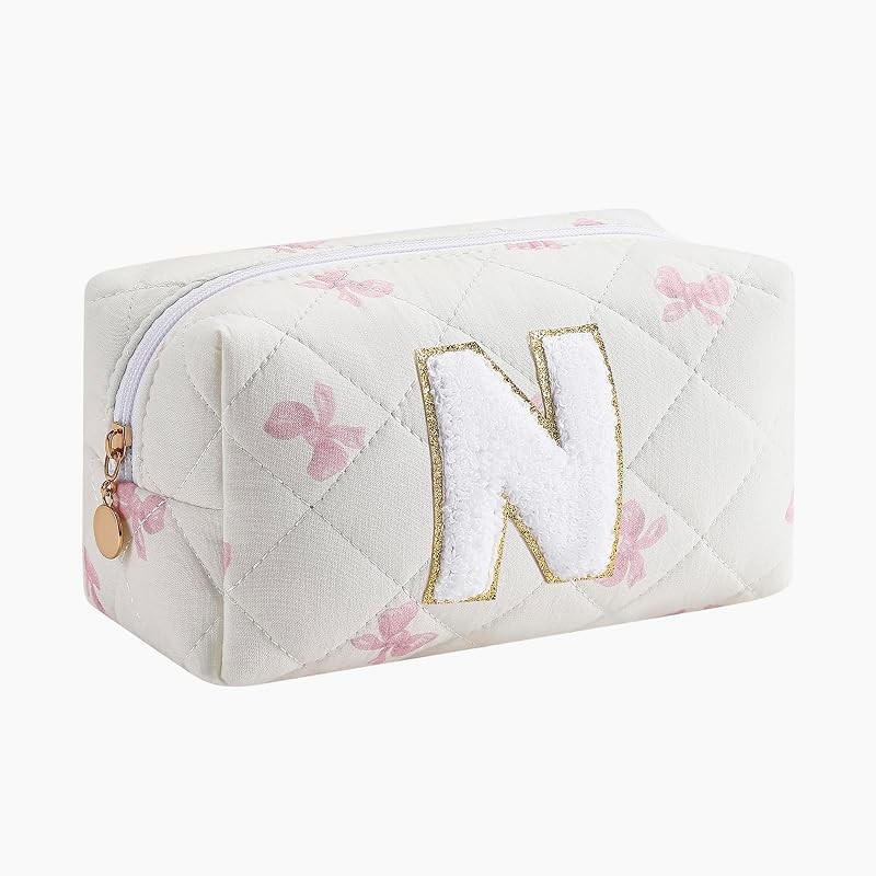 Necessaire de Maquiagem Gleyemor com Inicial Personalizada, Algodão Matelassado Floral Rosa
