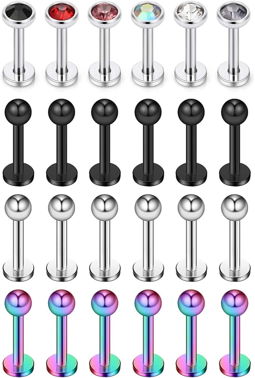 24PCS 16G 316L Stainless Steel 3mm Ball Labret Monroe Lip Ring Tragus Helix Cartilage Earring Stud Barbell Bar Length 6mm 8mm 10mm Body Piercing Jewelry