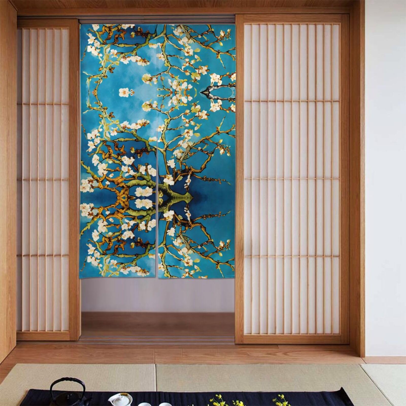 BWPDPXFJ Door Curtain Polyester 86x143cm Rod Pocket 2 Panel Room Divider Light Filtering Abstract Almond Blossom Print