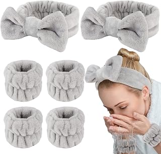 WHAVEL 6PCS Spa Headband and Wristbands Set, Face Wash Headband Wrist Bands for Washing Face Makeup Skincare Hair Band Skin Care Accessories Tools