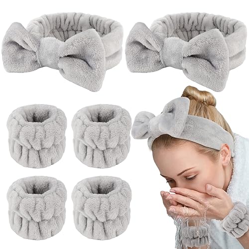 Miniatura 18 de WHAVEL Juego de 6 diademas y muñequeras de spa, diadema para lavado facial y muñequeras para lavar la cara, cuidado de la piel, maquillaje, banda