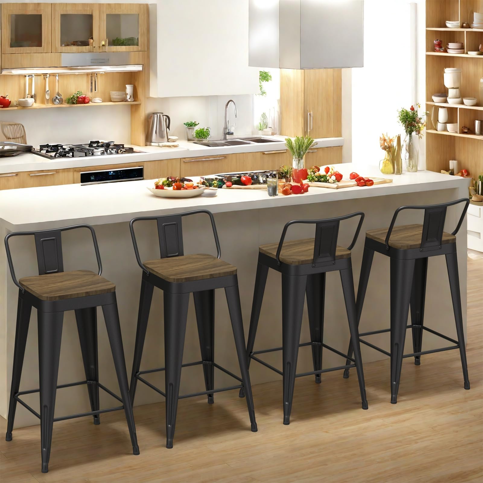 Vinahomar Black Bar Stools Set of 4, Metal Bar Stools with Wooden Seat, Modern 26”Counter Height Barstools with Low Back