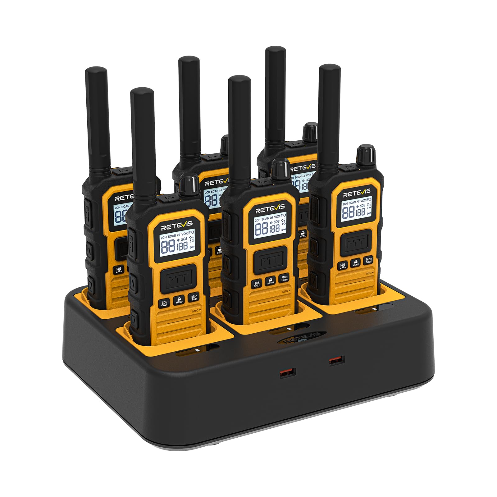 Retevis RB648Plus Walkie-Talkie, IP67 Impermeabile Radio Bidirezionale | VOX, Chiamata di Gruppo, 2000mAh, Walkie Talkie a Lunga Distanza con Caricatore a 6 Vie per Cantiere(6 Pz, Giallo)