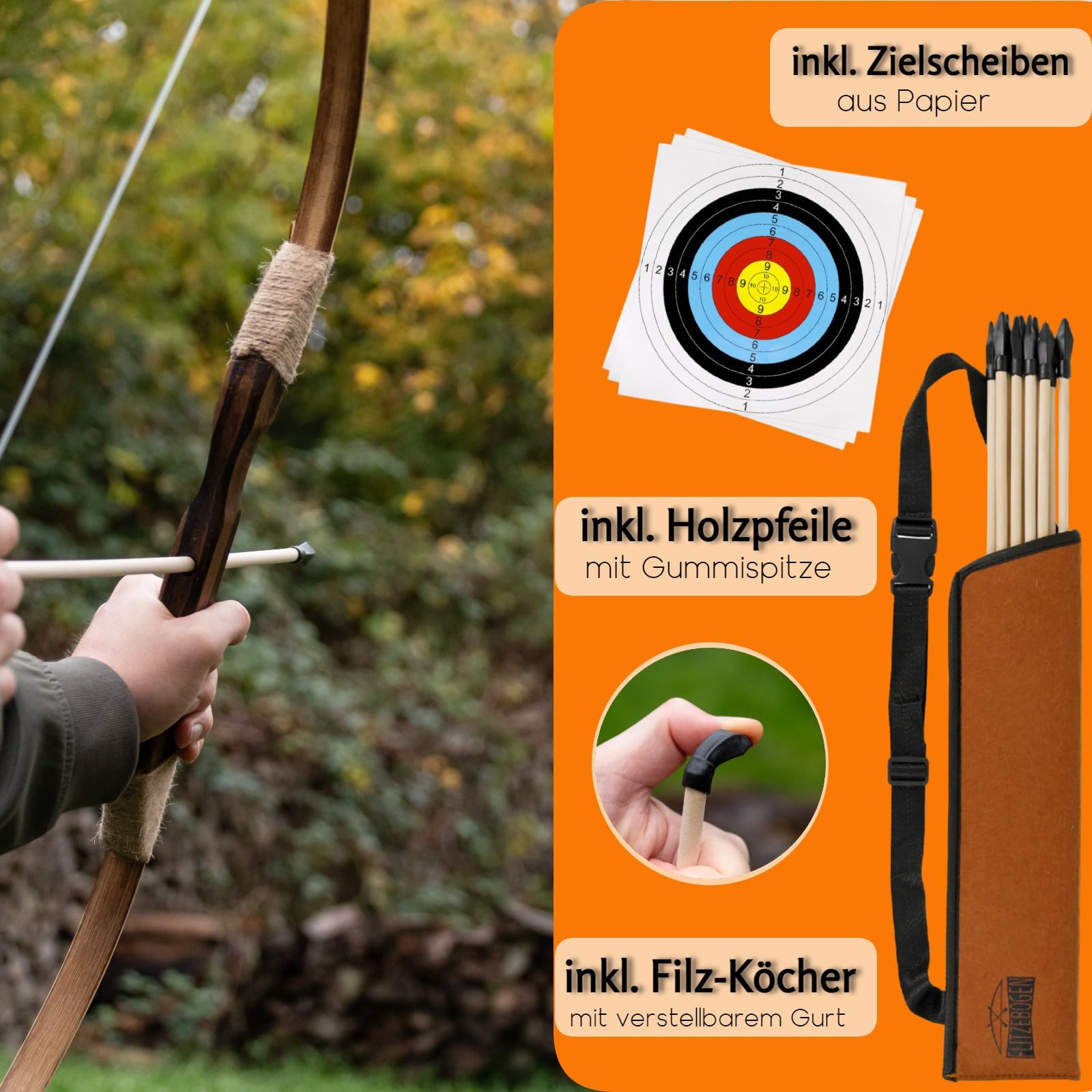 FLITZEBOGEN Pfeil und Bogen Kinder Set | 10 Pfeile mit Gummispitze, Köcher | Zielscheiben, Tasche | Bogenschießen Kinder Spielzeug ab 5 Jahren | Kinderbogen aus Holz | Rechts- und Linkshänder