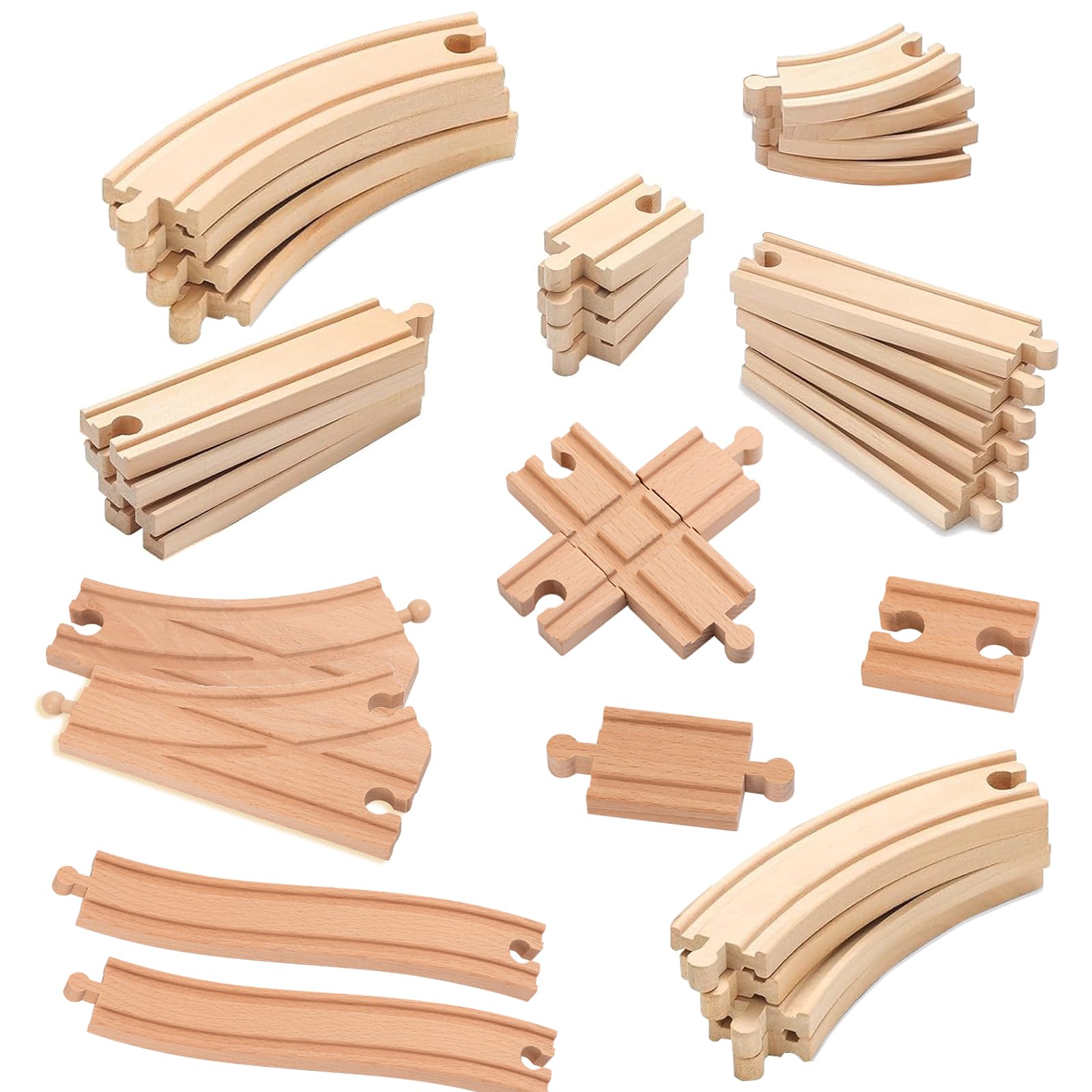 Juego de 33 rieles de ferrocarril de madera - Con riel en S, cruce y clavijas - Compatible con marcas de ferrocarril - Rieles de madera para niños de 3 años en adelante (33 piezas)
