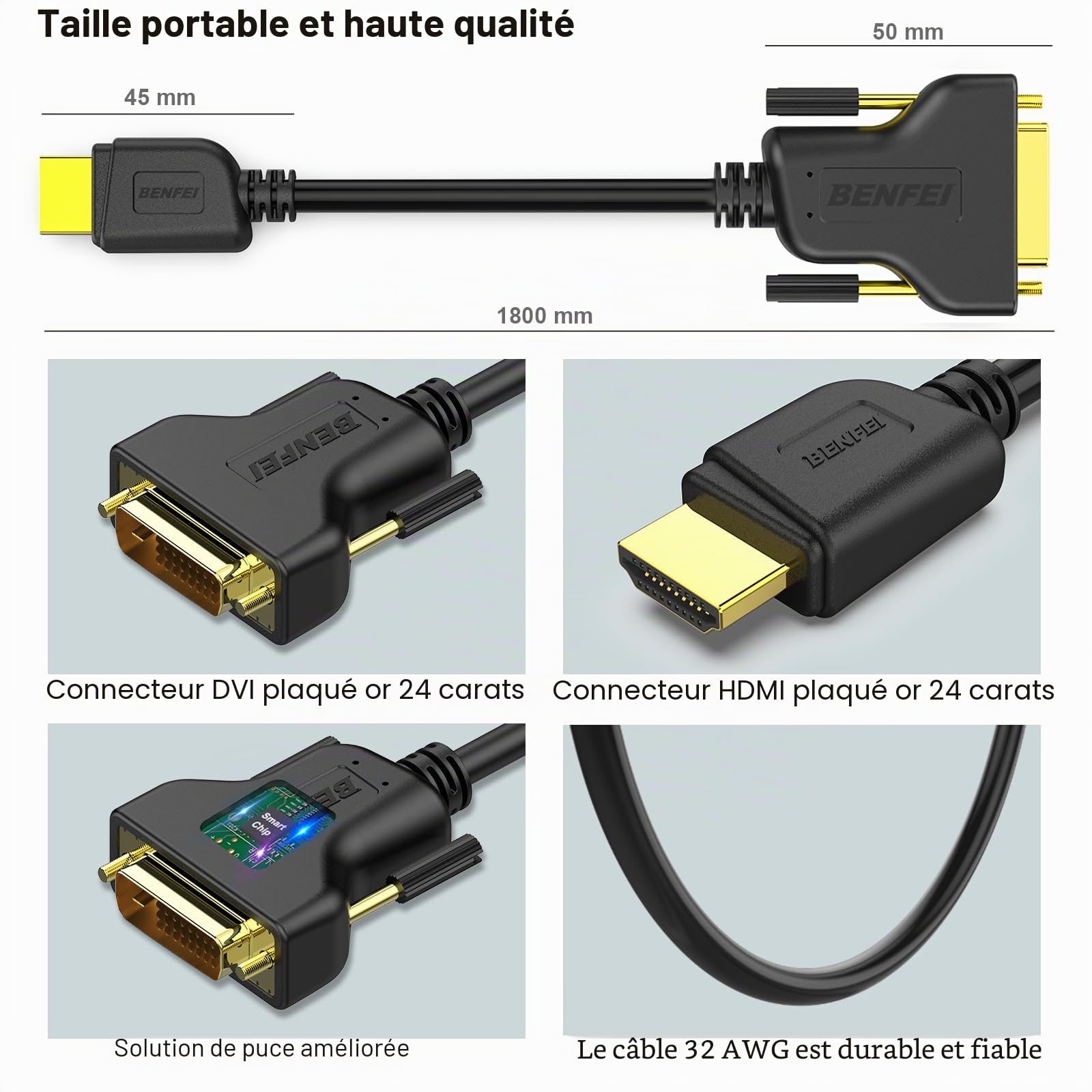 BENFEI Câble HDMI vers DVI 1,8 m bidirectionnel DVI-D 24+1 mâle vers HDMI mâle Adaptateur Haute Vitesse 1080P Full HD