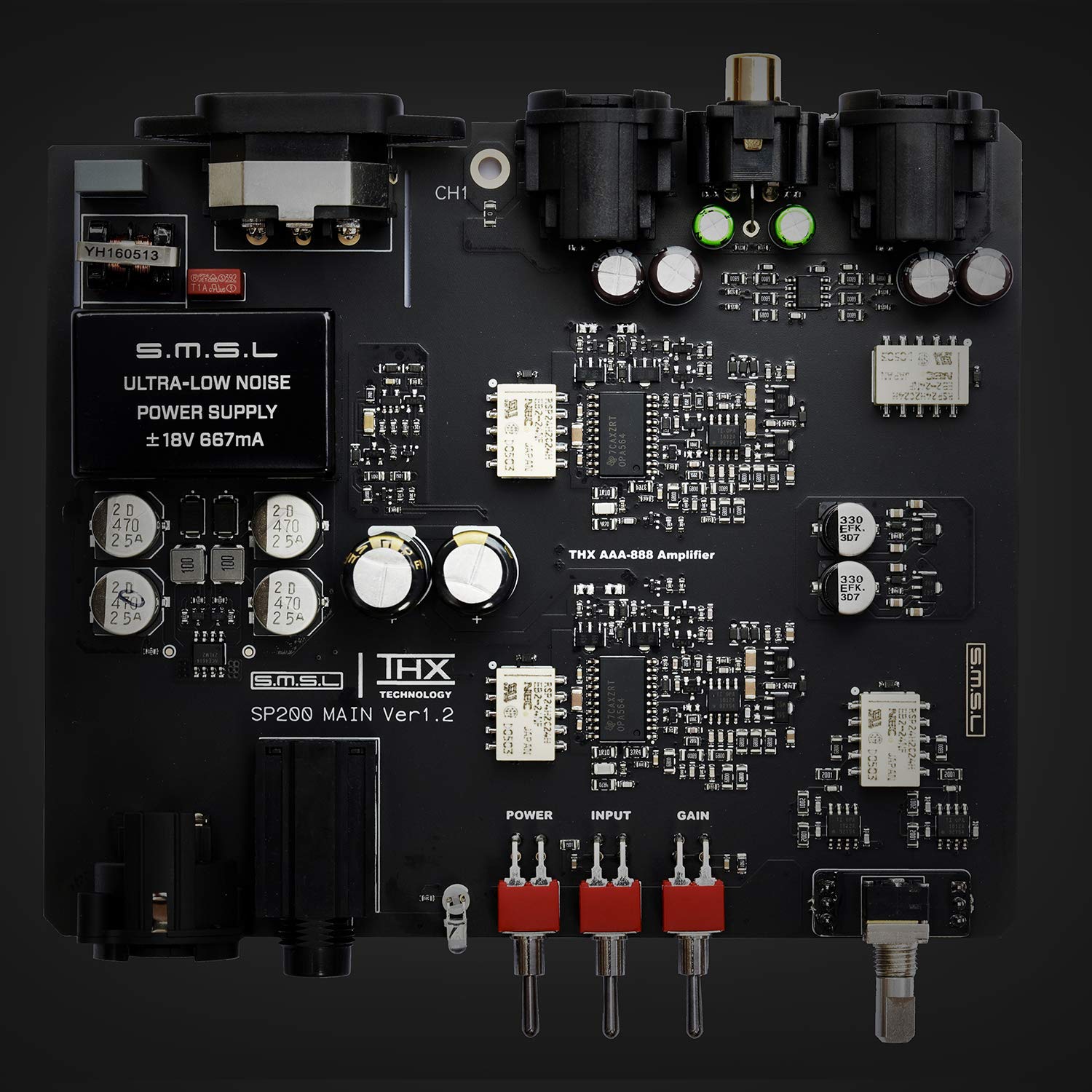 ແຜງດ້ານຫລັງ view of the S.M.S.L SP200 Headphone Amplifier with numbered labels for inputs and power
