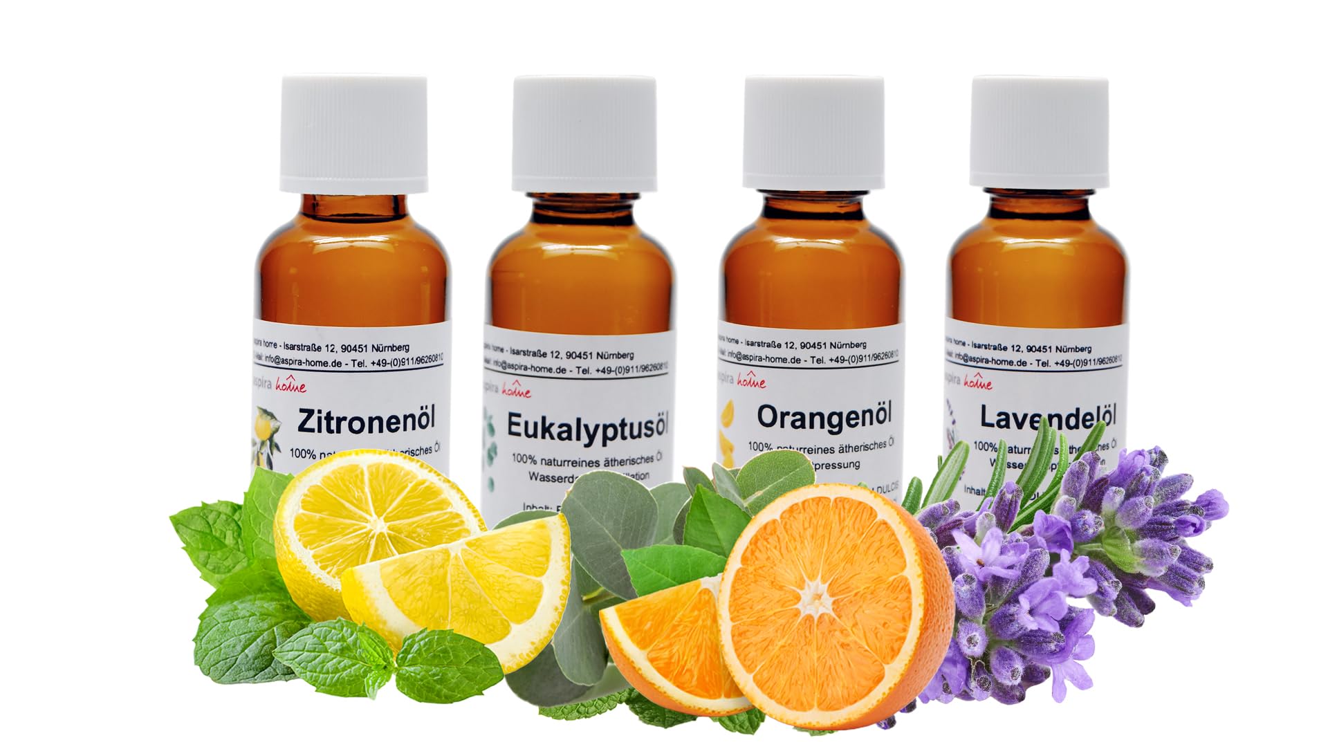 Aspira Home Duftöl-Sparset 4 x 30 ml: Zitrone, Orange, Lavendel, Eukalyptus