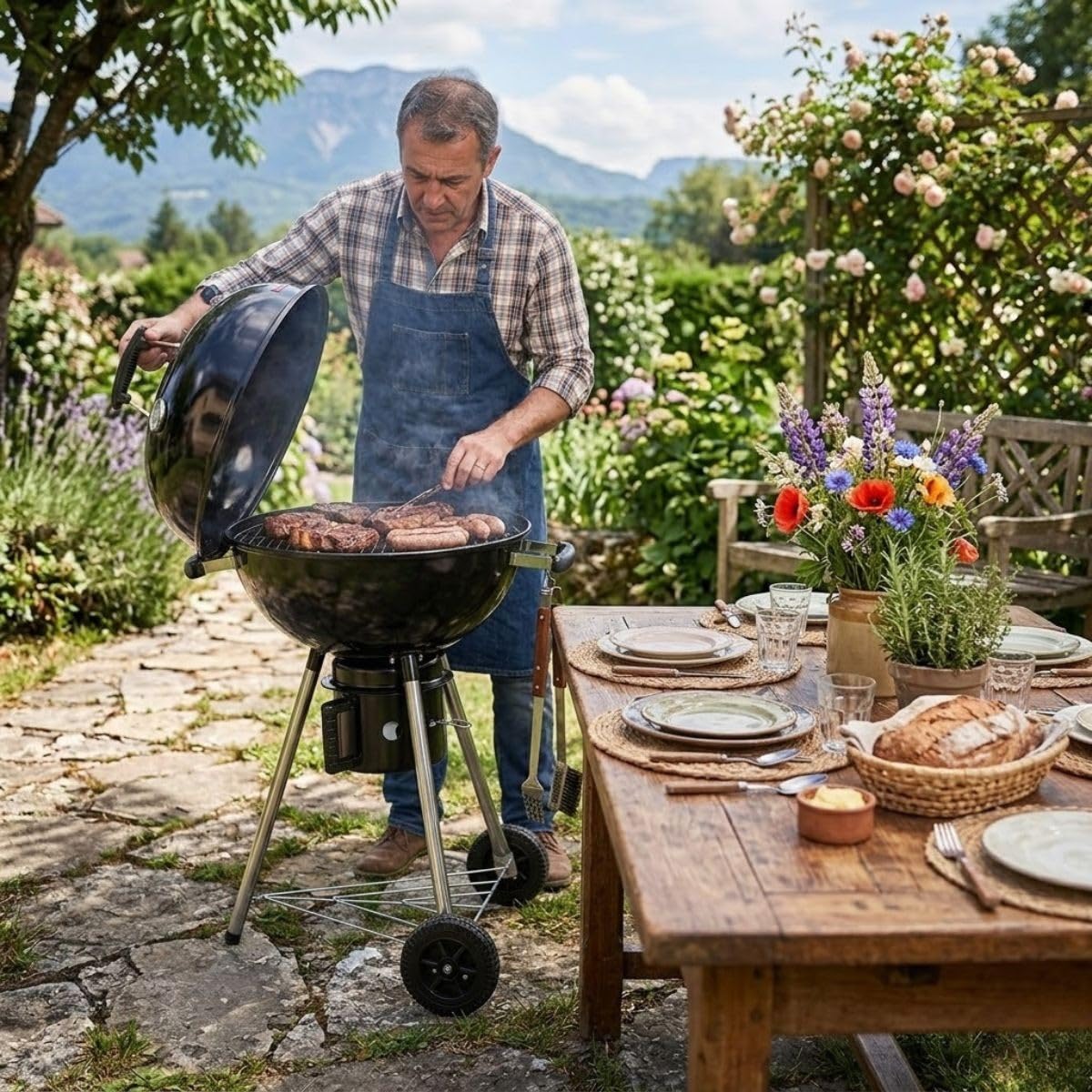 Intec – Barbacoa de carbón de leña con trípode Ø57 cm, rejilla para cocción y tapa, termostato para cenizas, barbacoa, redonda, 2 ruedas, cocina exterior, jardín, terraza