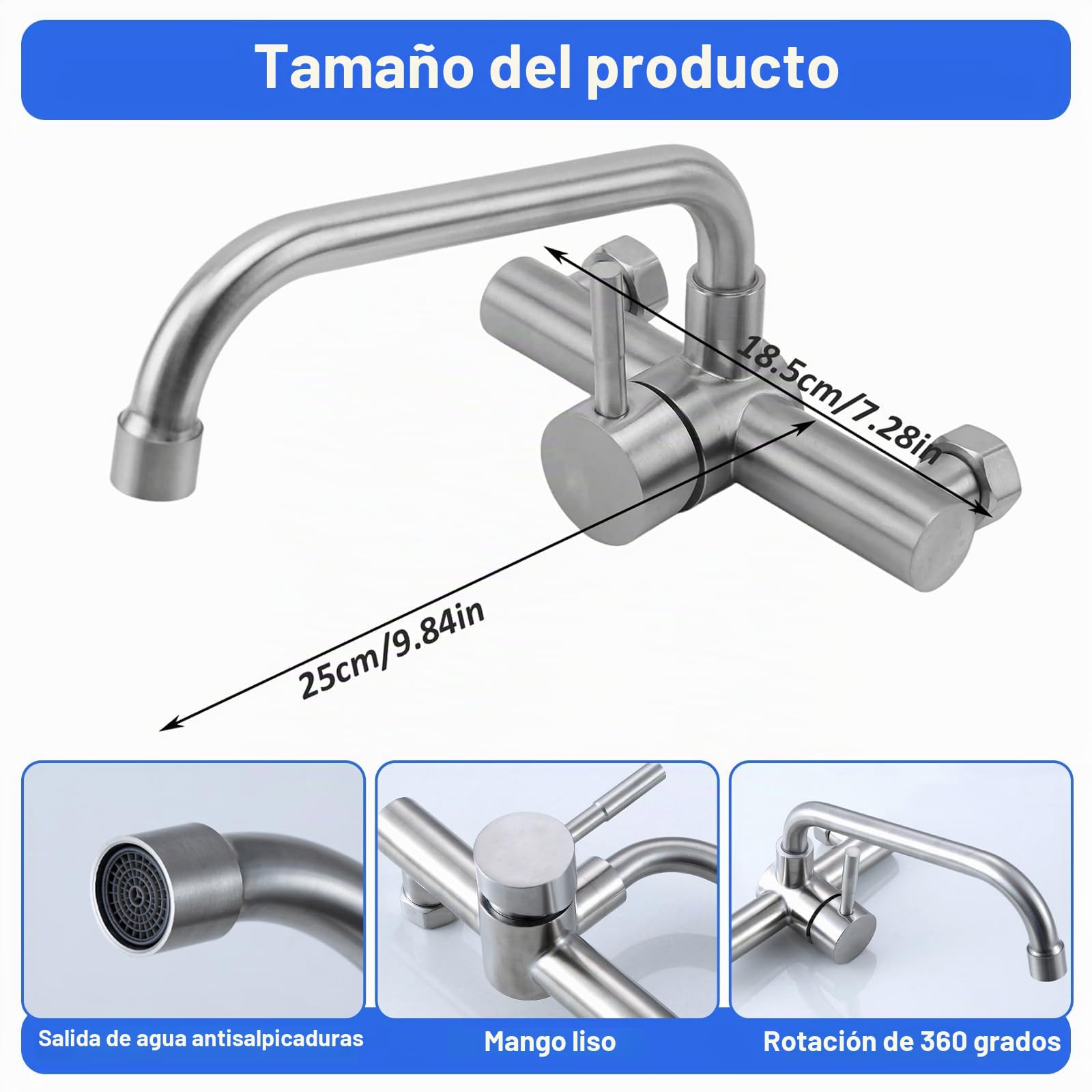 Grifo Cocina de Pared, Grifería de Fregadero Giratorio a 360​°, Grifo de Acero Inoxidable 304 Agua Fría Y Caliente para Fregaderos, Lavabos