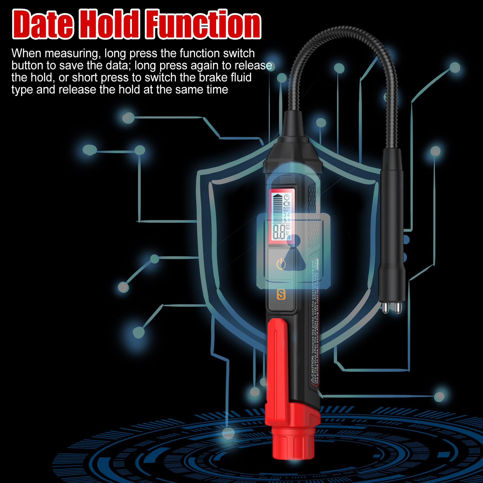 OBEST Tester Liquido Freni Adatto per Liquido Freni DOT3, DOT4, DOT5.1, Tester Olio Freni Auto Moto Universale con Display LCD, Allarme Sonoro e Luminoso, Sonda Flessibile