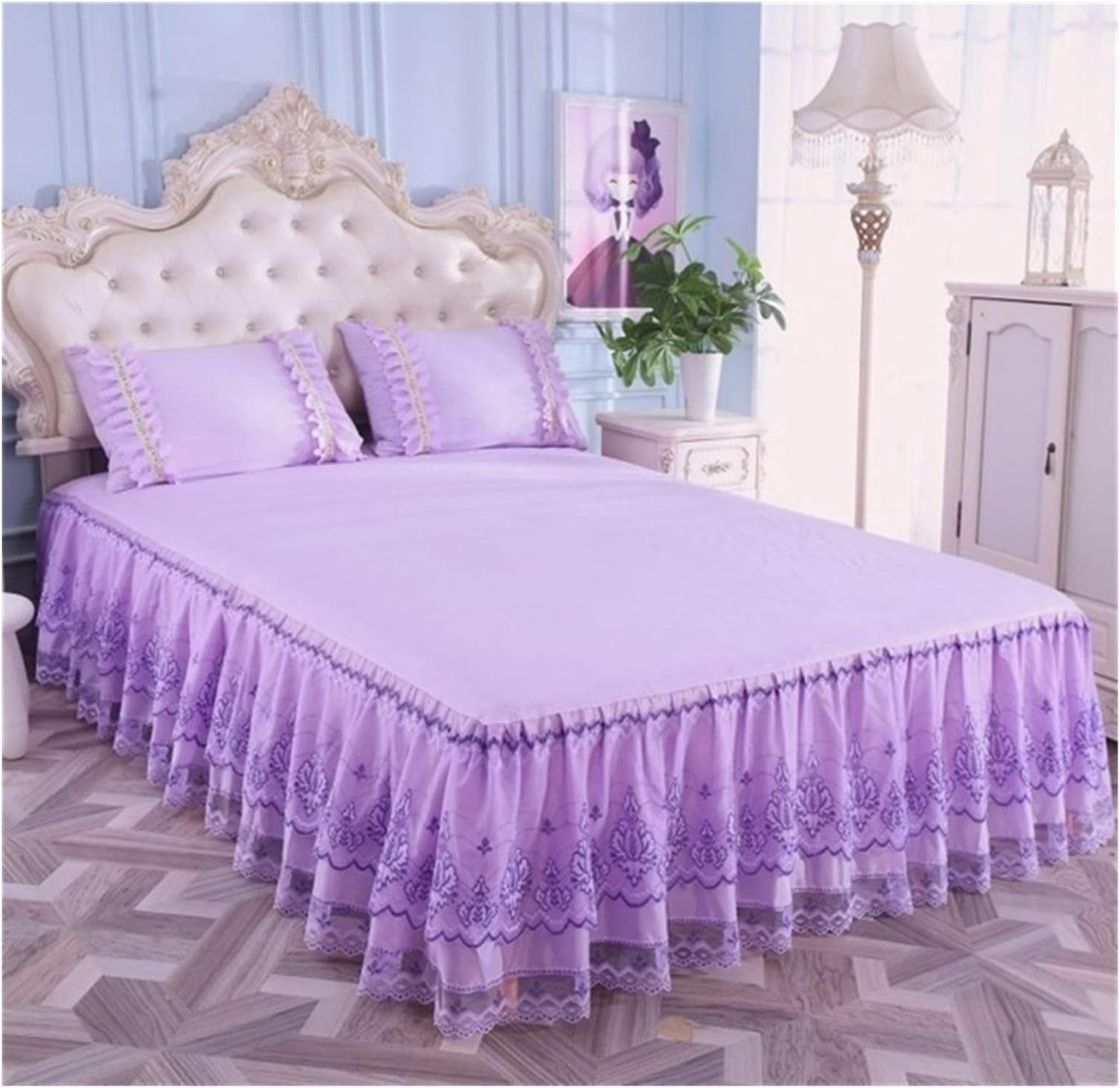 WSMNYH Bed Skirt Romantic Bloom Pattern Solid Color Bed Skirt Non-slip Dust Ruffle Queen Size Bedspread Bed Skirt Bed Valance (Color : LD 1805 4, Size : 200x220cm)