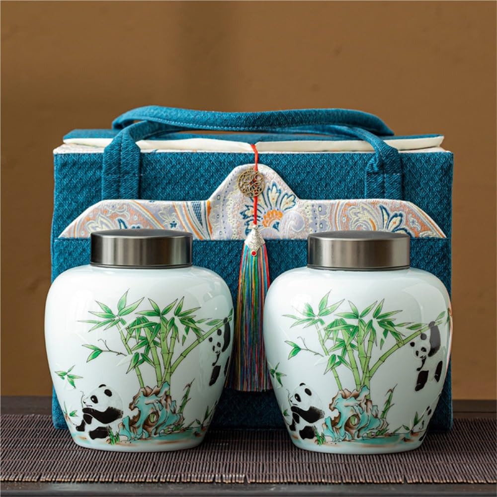 XYNSNDB Pojemnik na herbatę kreatywny Panda pojemnik na herbatę słoik ceramiczny szczelnie zamknięty słoik Retro chiński zestaw herbaty podwójny słoik zestaw pudełek na herbatę puszka na herbatę