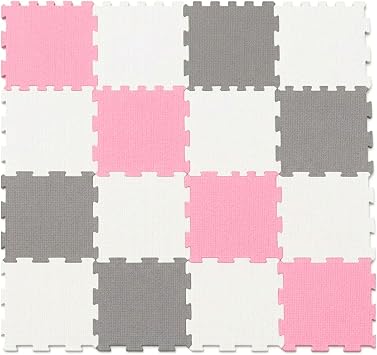 Kids Play Room Mat Newborn Crash Floor Matting Interlocking Soft Foam Puzzle Girl Birthday Xmas Gift 16pc 4 Pink+4 Grey+8 White, Pink