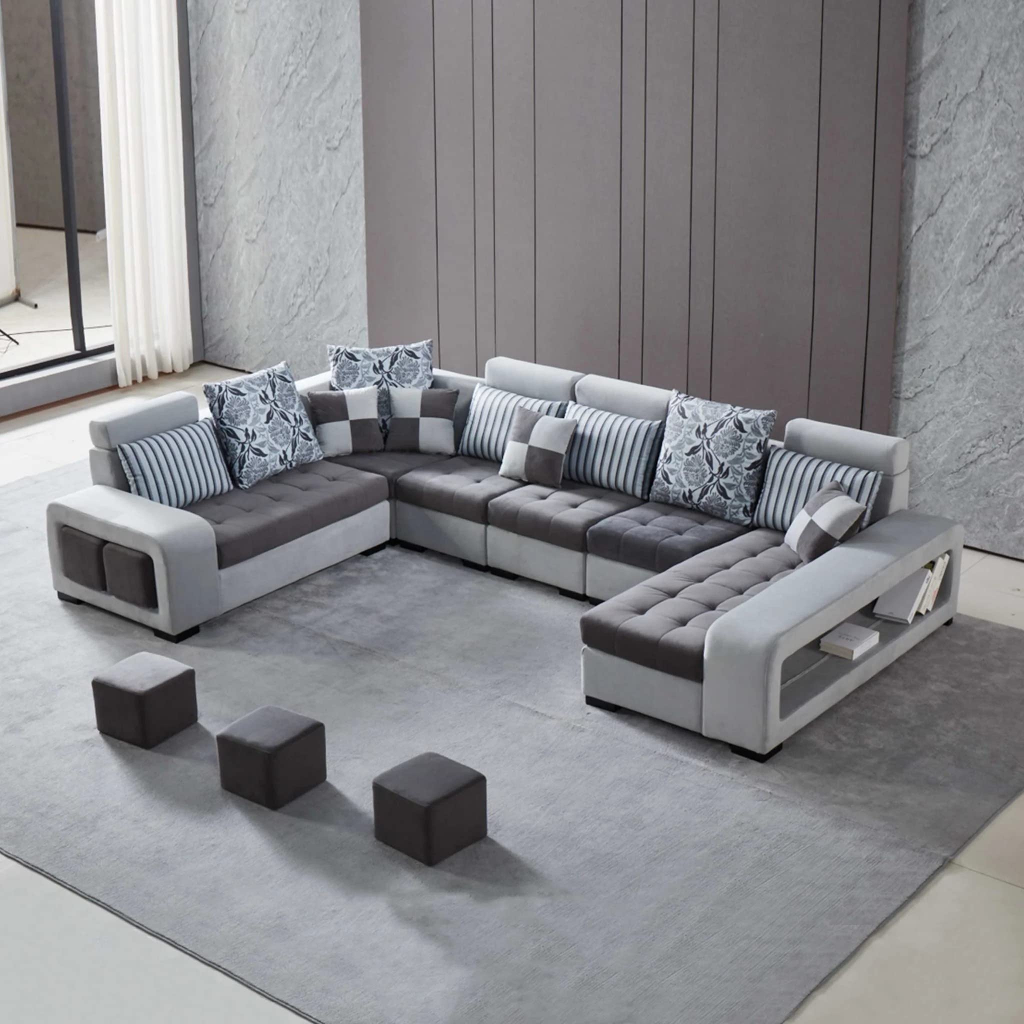 Caradel Orion 9 Seater RHS Corner Sofa Set with Ottoman and 4 Puffy in Dark Grey & Light Grey Color Fabric Sofa Set for Living Room, Couch Sofa for Living Room, Nine Seater Sofa-image-8