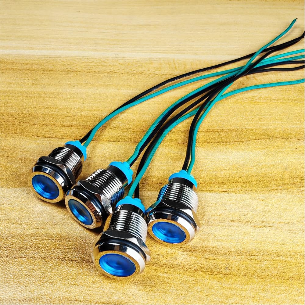 Gebildet 4pcs 12mm 3V-4.5V-5V-6V-7.5V-9V LED Indicatore Luminoso in Metallo Lampada di Segnalazione Impermeabile con Filo (Blu)